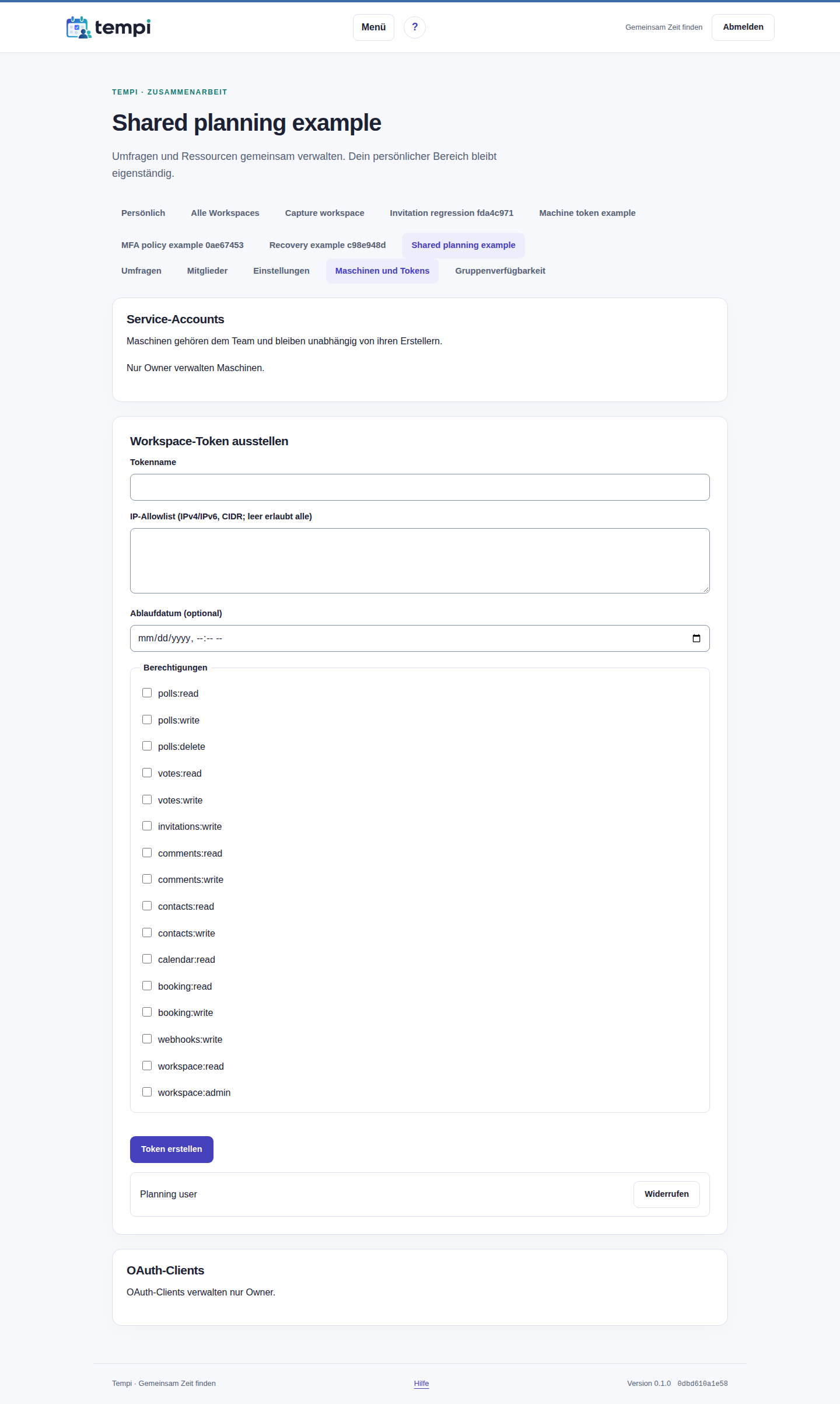 Service-Accounts und Tokens – angemeldetes Konto, helle Ansicht, 1440 px