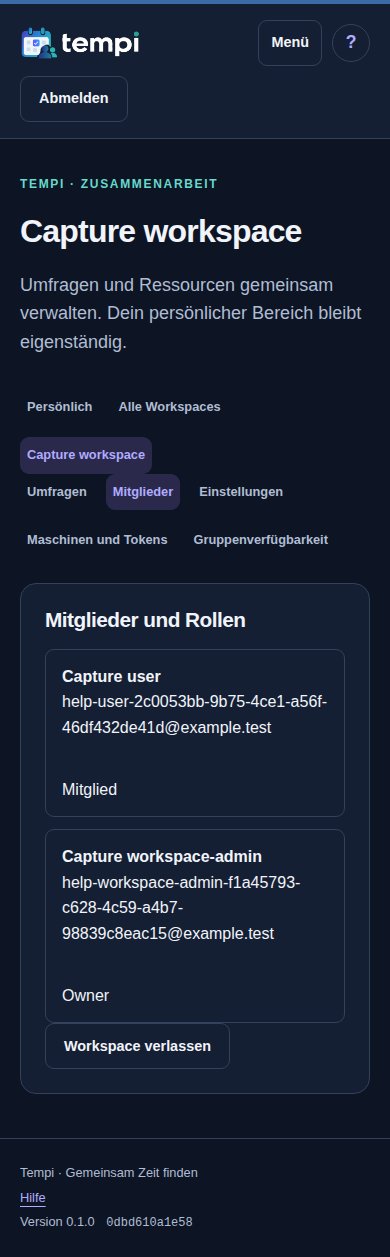 Mitglieder und Einladungen – angemeldetes Konto, dunkle Ansicht, 390 px