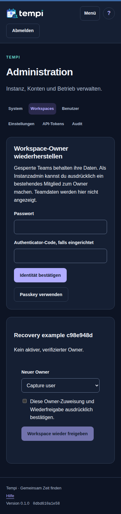 Workspace wieder freigeben – Instanzadministration, dunkle Ansicht, 390 px
