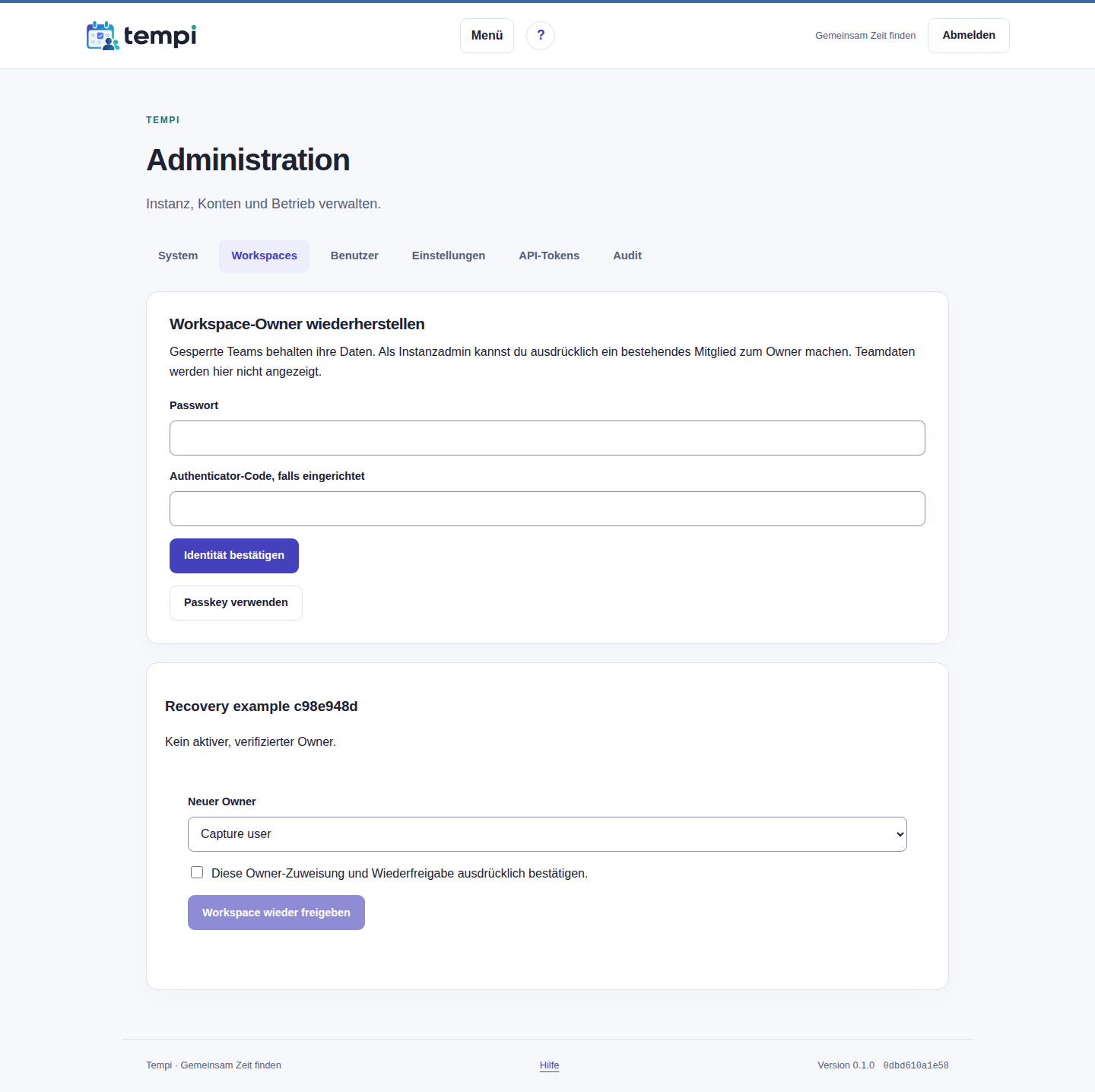 Workspace wieder freigeben – Instanzadministration, helle Ansicht, 1440 px